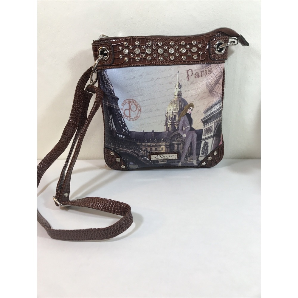 D'Orcia Brown Croc Rhinestone Crossbody Bag Purse travel